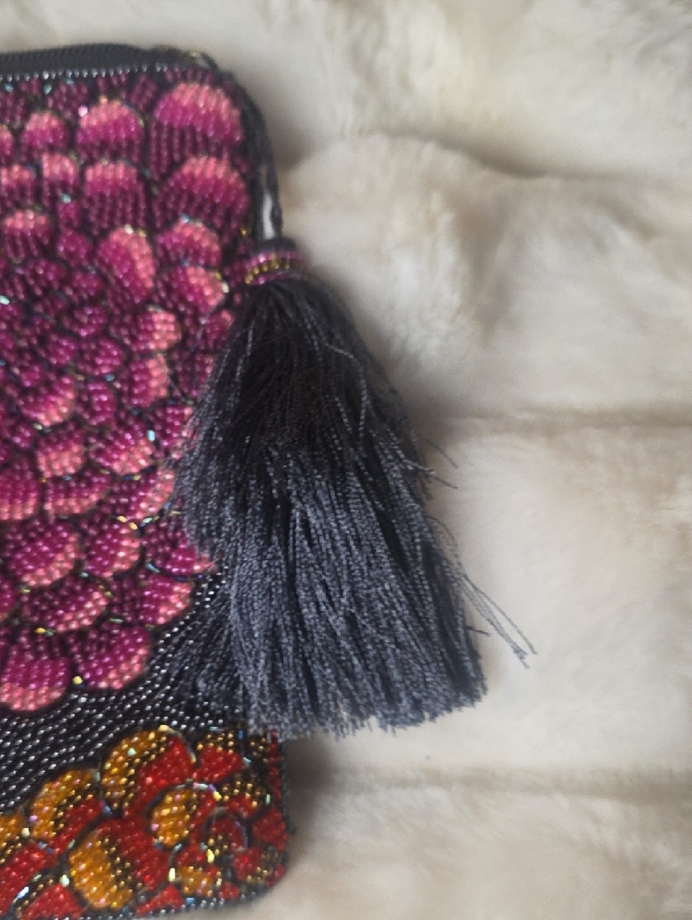 Beaded Embroidered Floral Zip Pouch Clutch - Black with Pink & Orange Flowers - Picture 6 of 6